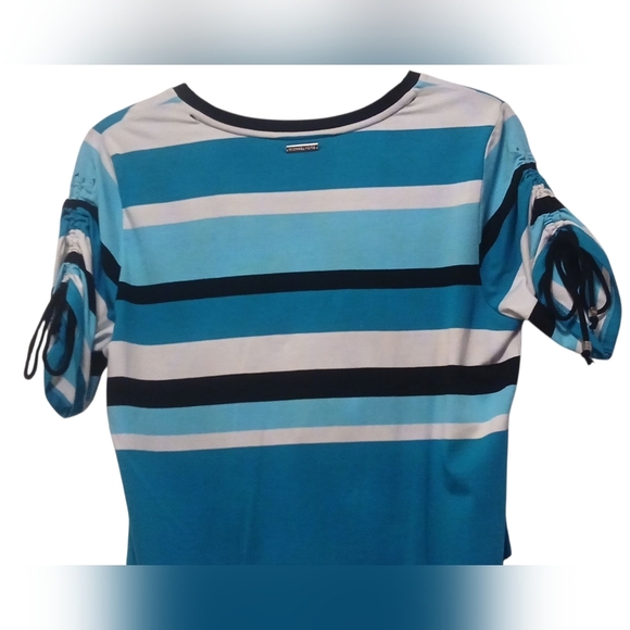 Michael Kors - NWOT, Multi Colored Striped Dress, Short Sleeves W/ Ruching & Tie - Picture 4 of 10